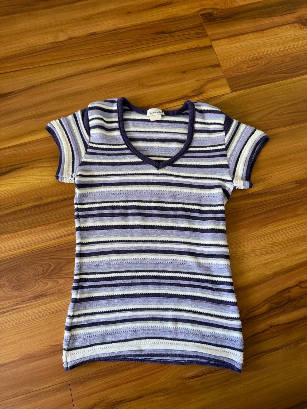 Charlotte Russe Lavender & Navy Striped V‑Neck Short Sleeve Top